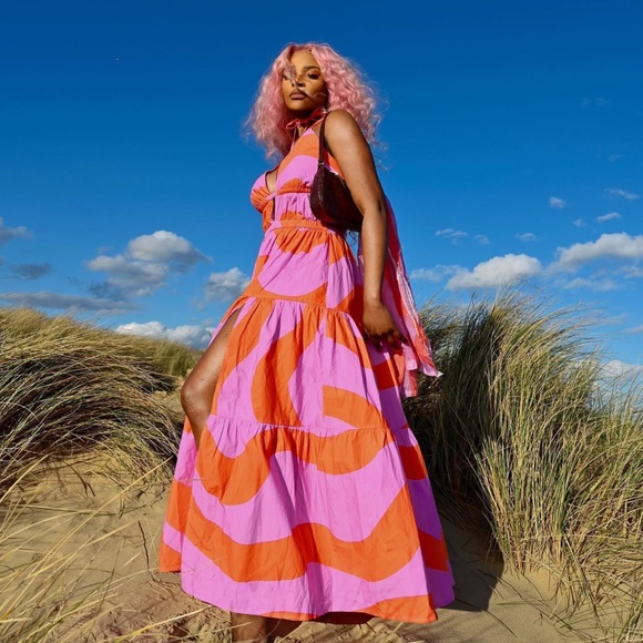 The DROP Dresses & Skirts - The Drop Pink and Orange Halter Maxi Sundress with slit